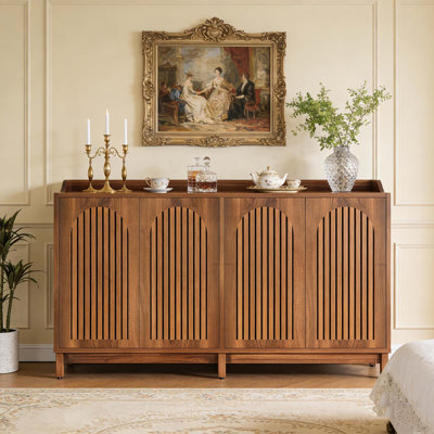 Modern Farmhouse Walnut Wood 4-Door Slatted Sideboard Cabinet Ventilated Storage Credenza