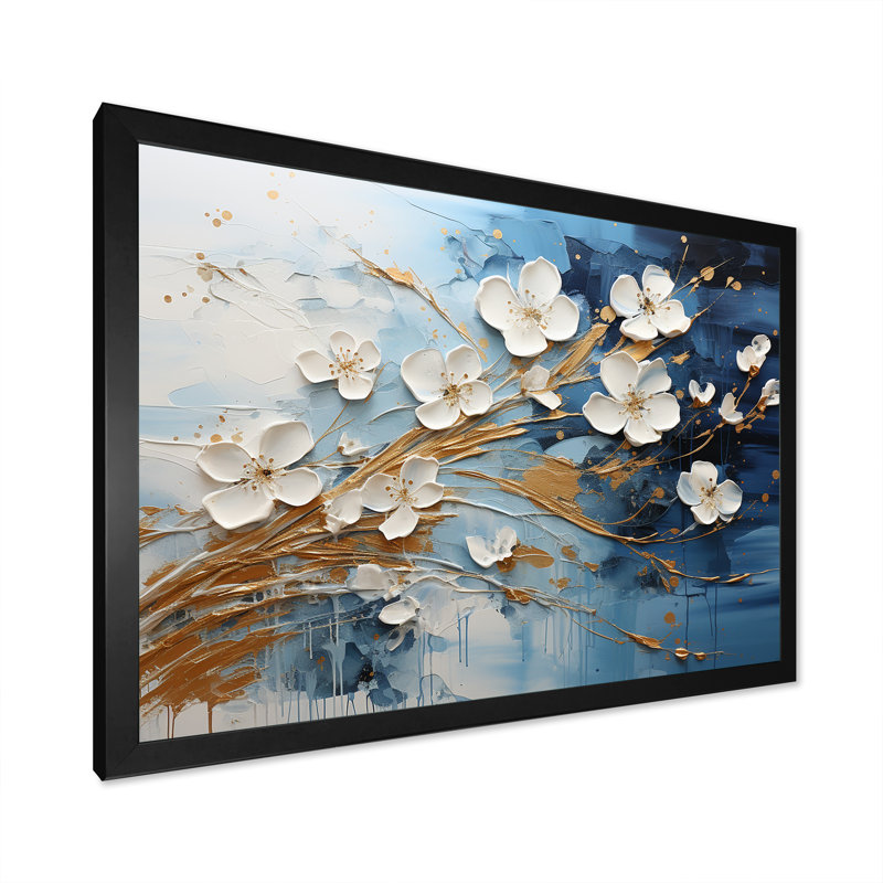 Encre liquide blanche et bleue I - Fleurs, art mural, Cadre d'angle fermé noir, H 24 po x l 32 po x P 1 po