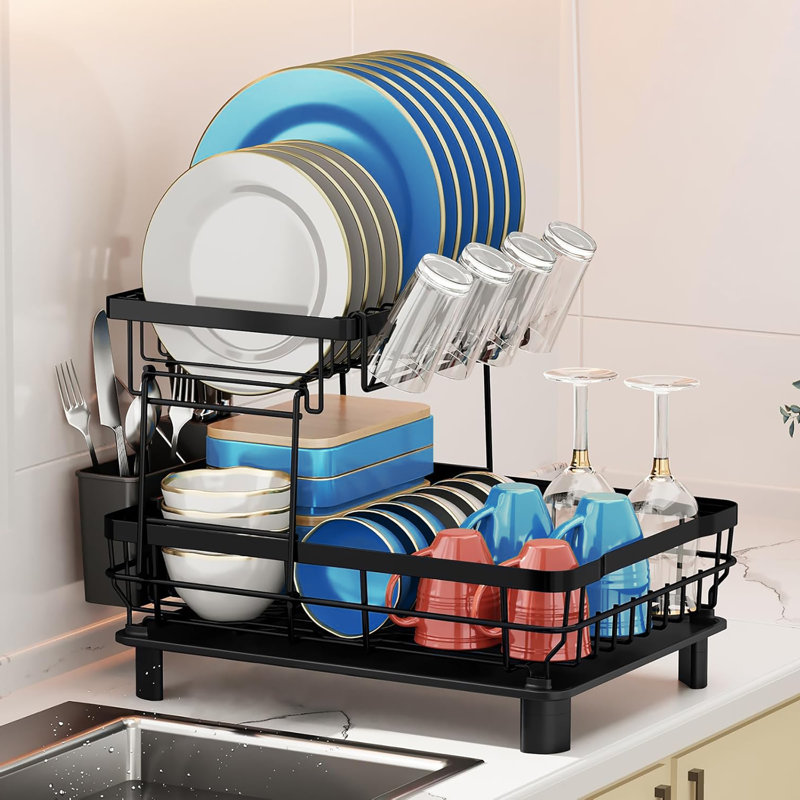 2 Tier Large Dish Drying Rack with Removable Utensil Holder - Perfect for Kitchen Countertops, Black