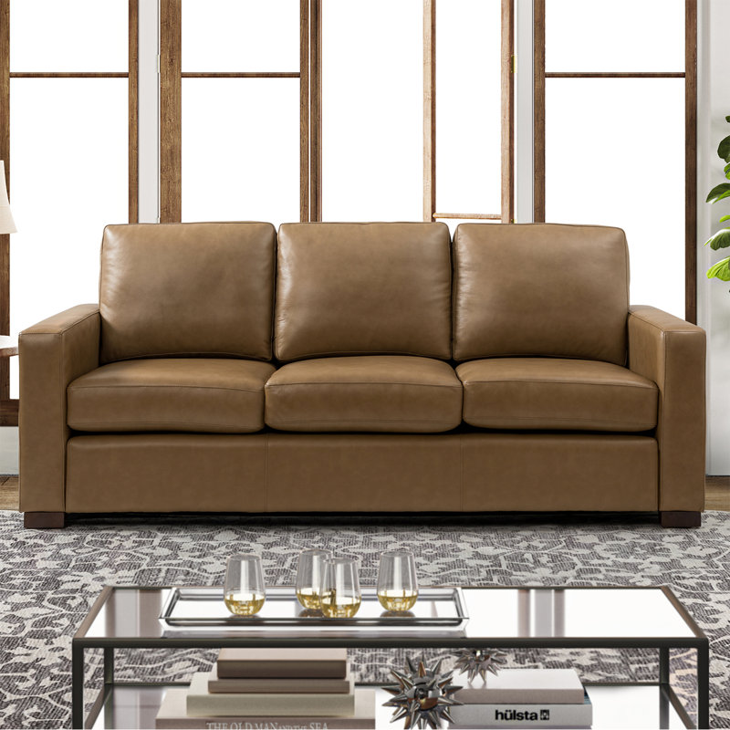 Fournier 83.46'' Genuine Leather Square Arm Sofa with Pillows, Camel Genuine Leather