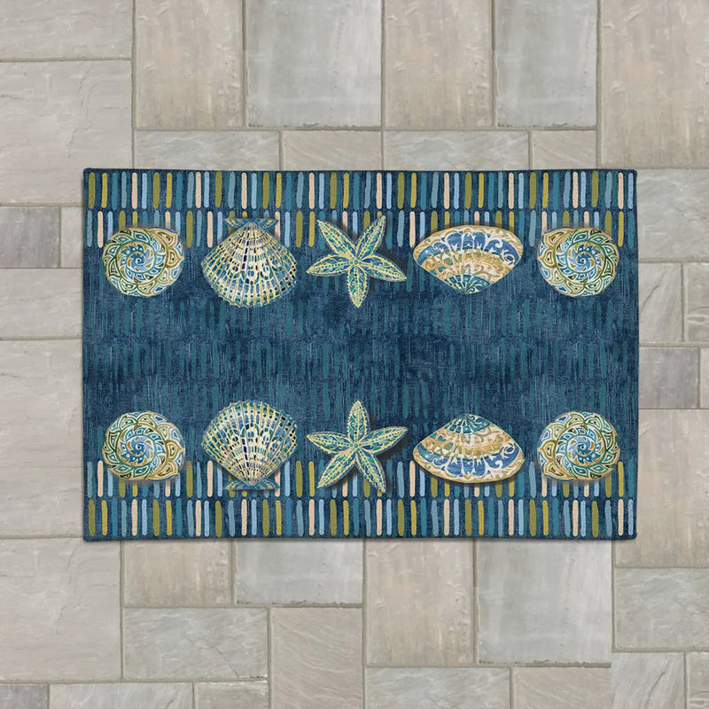 Tapis intérieur / extérieur bleu / beige en chenille embelli, Rectangle 5 pi x 7 pi