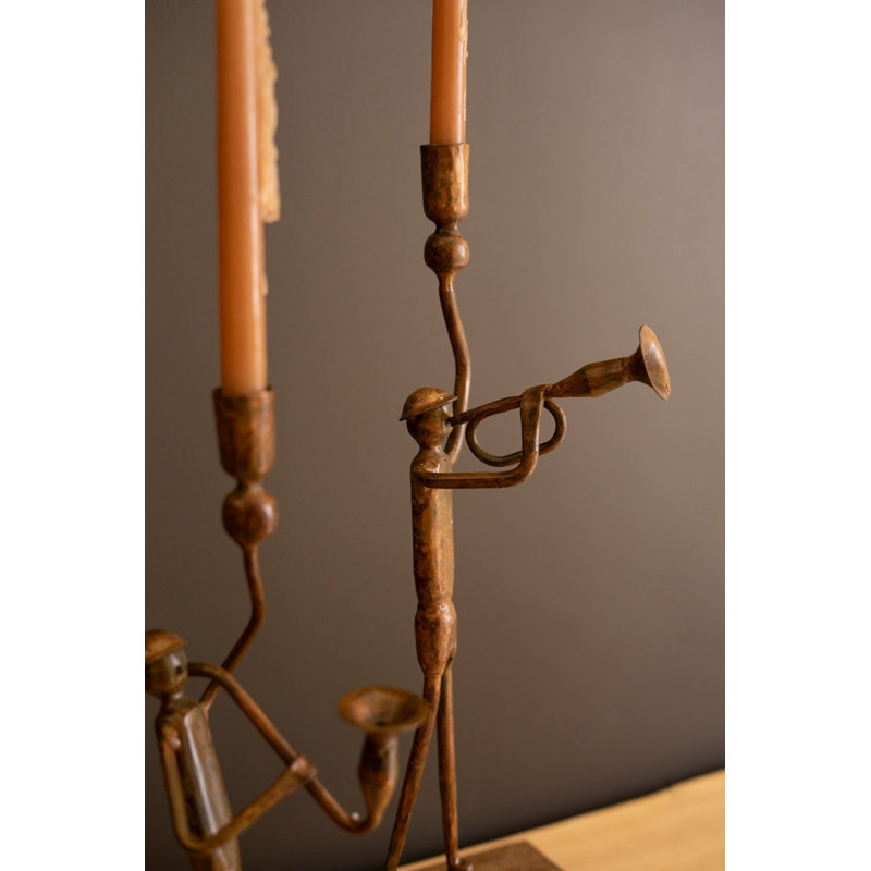  Ensemble de deux porte-bougies coniques en métal, trompette et saxophone