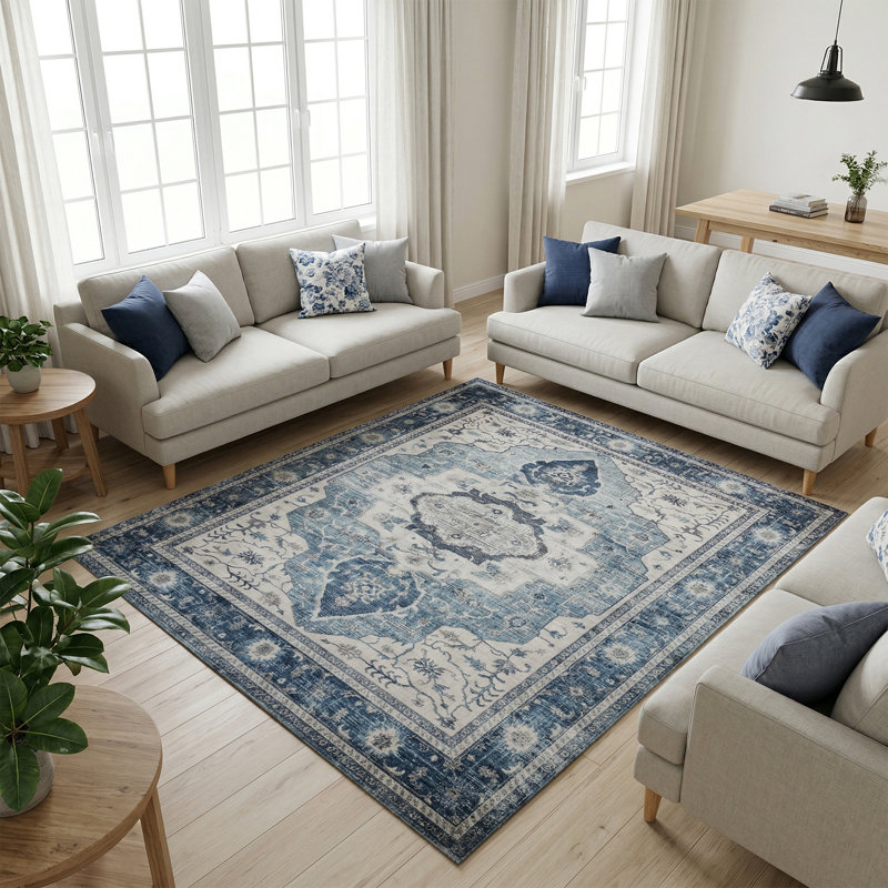 Tapis Boho Vintage Medallion, Bleu / Blanc / Gris, Rectangle 5 pi x 7 pi