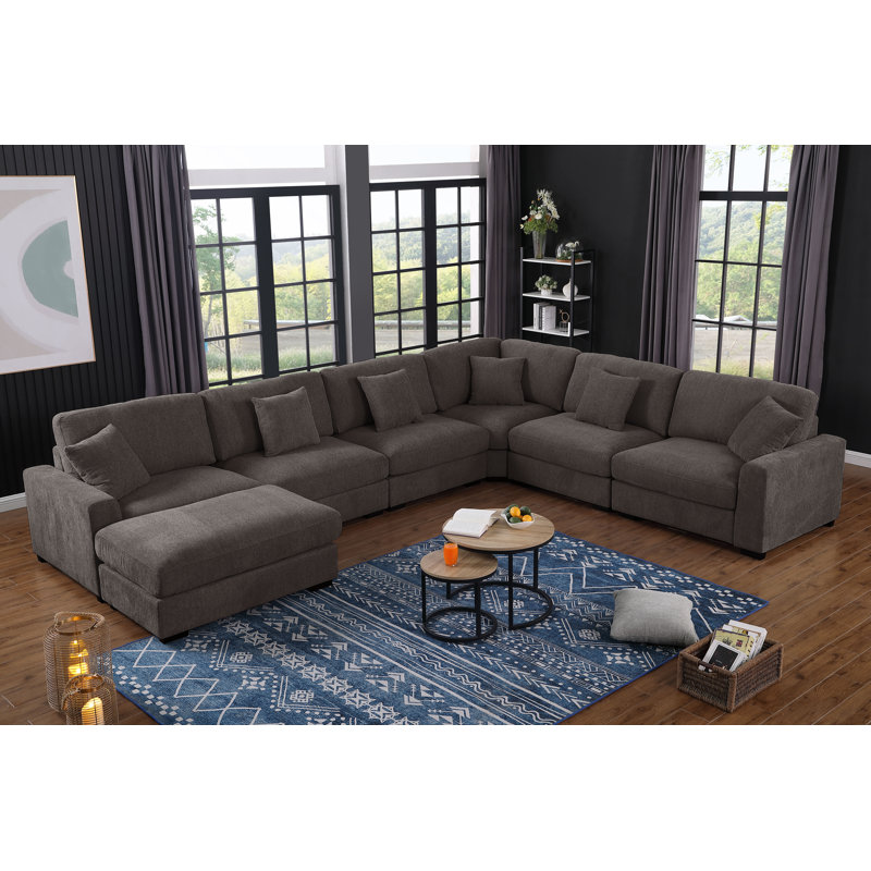 Grand canapé modulaire d'angle modulaire à 7 sièges avec repose-pieds mobile, Chenille grise foncée