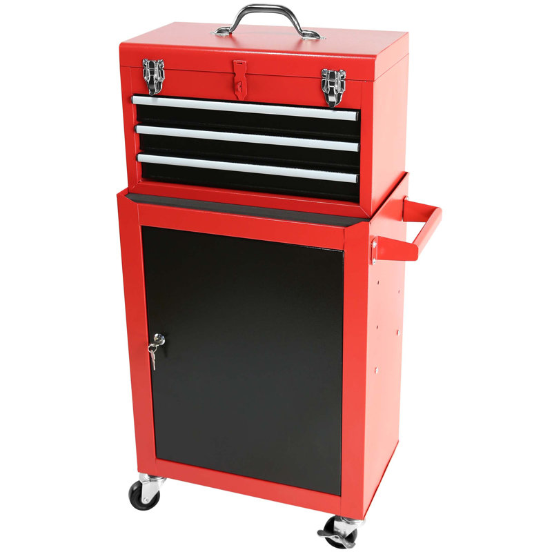 Coffre à outils à 3 tiroirs avec roulettes, grande armoire de rangement, tablette réglable, coffre supérieur amovible et système de verrouillage pour le garage et l'entrepôt