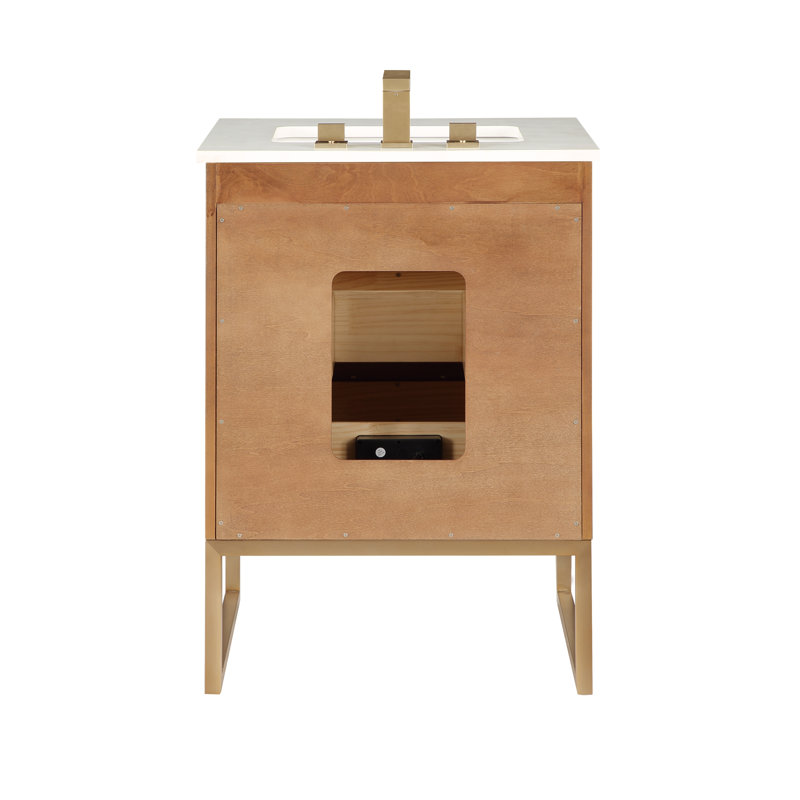 Markham 24'' W Single Vanity, White Quartz, Satin Brass, Walnut