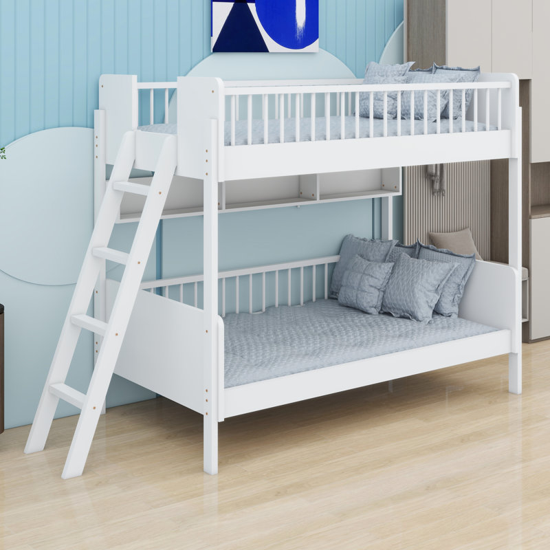 Lit superposé en bois avec tablettes de rangement, Blanc