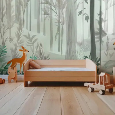 Adhésif mural forêt de chevreuil pour enfants, papier peint vert forêt, conception de nature scandinave pour chambre d'enfant