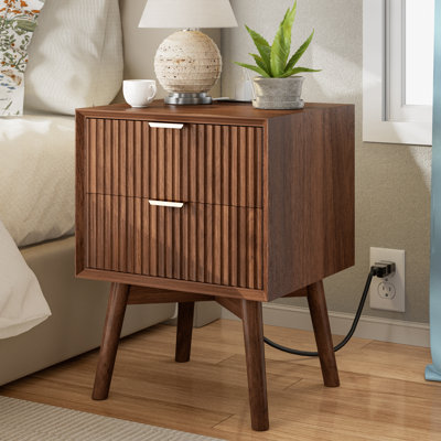 Seyla 18" Fluted Nightstand with Charging Station,  Beveled Profile & Solid Wood Legs, 2 Drawers End Table