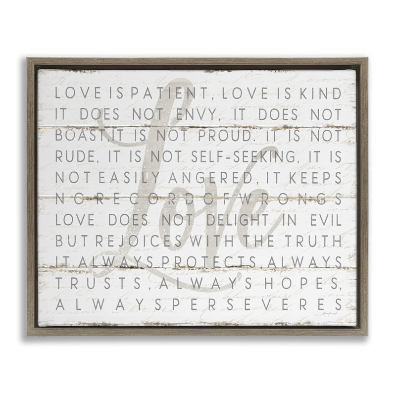 «Love is patient» sur un look de planches blanches, H 31 po x l 25 po, Cadre flottant orme Montalcino