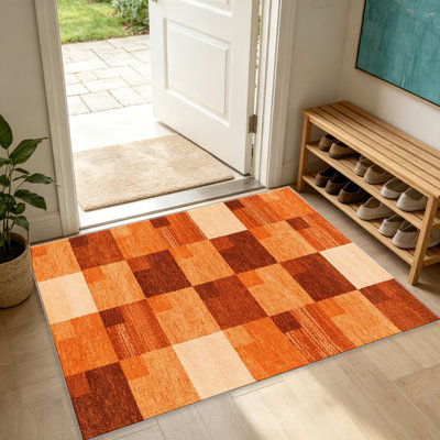Tapis à carreaux orange et beige pour le salon, doux et confortable, convient à toutes les saisons, facile à entretenir, tapis de sol intérieur lavable à la machine, sous la ferme pour la chambre à coucher, la salle à manger, le bureau, le balcon, le patio
