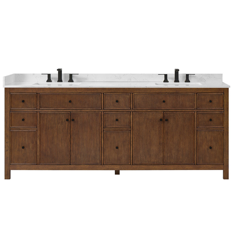 Pendry 84" Freestanding Double Bathroom Vanity with Top, Dark Walnut, Matte Black, Carrara Cultured Marble