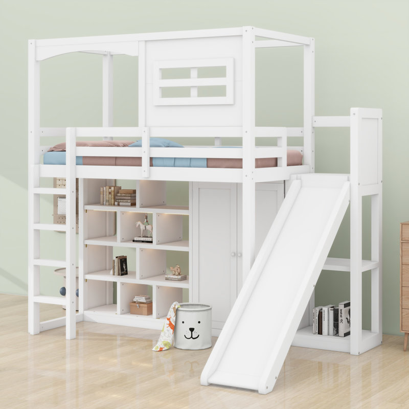 Lit mezzanine en bois avec garde-robe, tablettes de rangement, glissoire et DEL