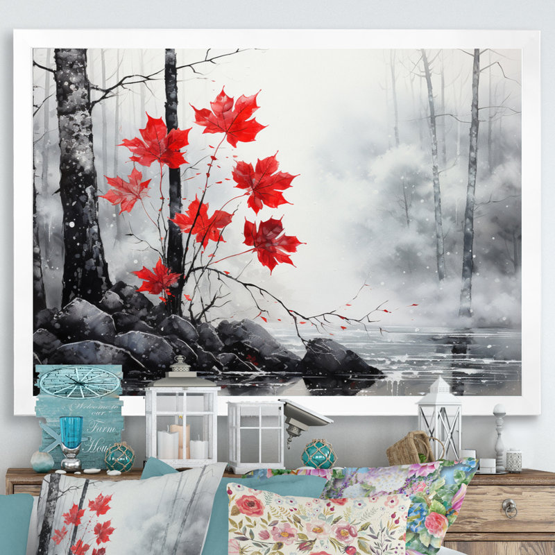 Bianchina, forêt monochrome rouge minimaliste II - forêt, art mural, Cadre simple blanc, H 34 po x l 44 po x P 1,5 po