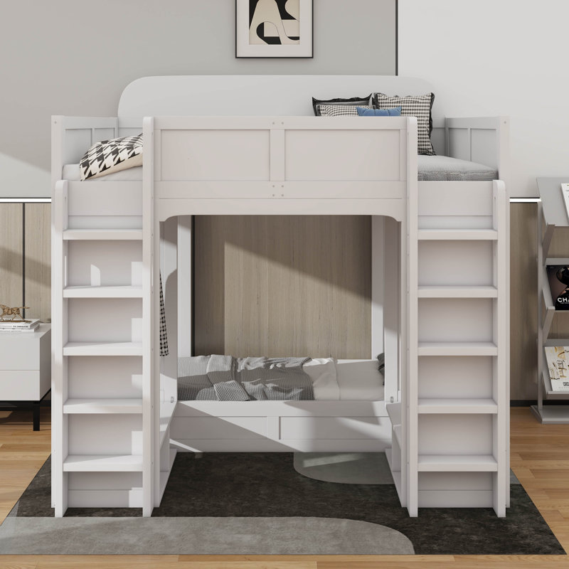 Twin +Twin Over Twin XL Triple Bunk Bed With Shelves And Hooks, White