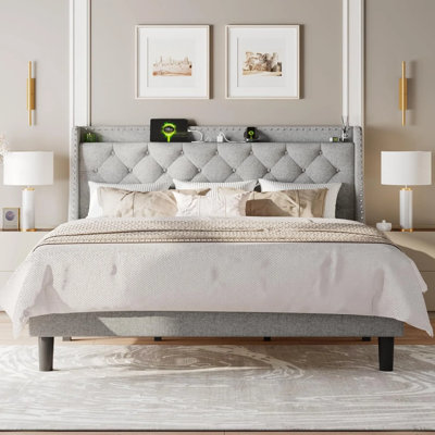 16" Wide Huge Wingback Headboard Designed With The Innovative Fashionable Nailhead Trim And Button Tufted Design Light Gray