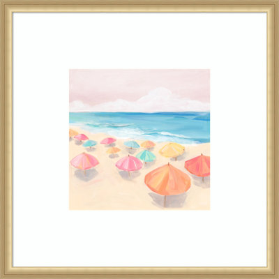 Colorful Umbrellas by the Sea by Hannah Dawson Wood Framed Wall Art Print