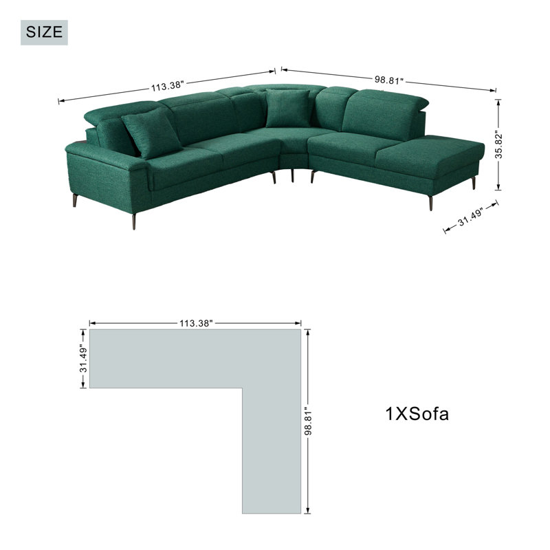 Caicedo 113.38''W Upholstered Sectional Sofa with Chaise, Green Cotton