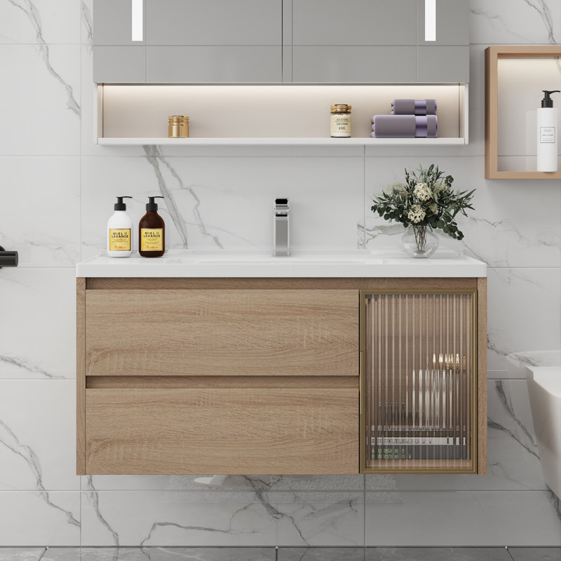  Meuble-lavabo simple 35,8 po avec comptoir en céramique blanche, meubles-lavabos flottants et bois massif, sans assemblage