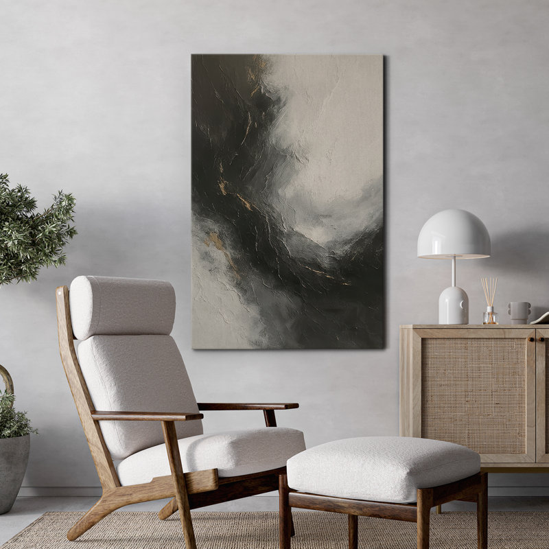 Reproduction abstraite sur toile noire et grise pour décoration de salon, H 24 po x l 16 po, Sans cadre, Toile tendue