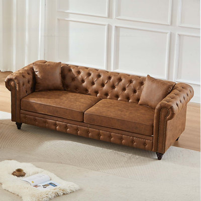 85.5"Soft Tech Fabric Foyer - 3 Seat With Rolled Arms & Padding Brown Living Room Seater High Foam Cushions