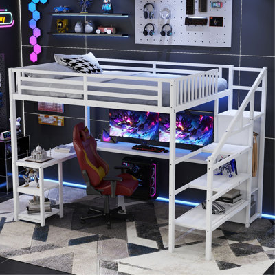 Grand lit mezzanine en métal avec garde-robe et lumière DEL, grand lit mezzanine avec bureau en forme de L et port USB pour enfants, adolescents, adultes