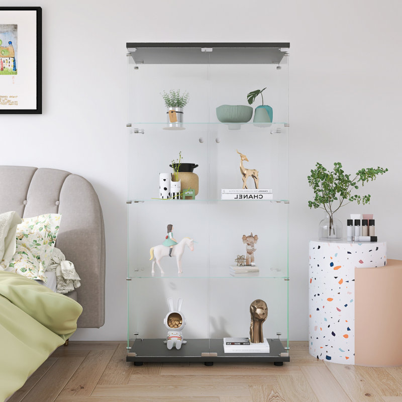 Two-Door Glass Display Cabinet 4 Shelves With Door, Floor Standing Curio Bookshelf For Living Room Bedroom Office, 64.7"*31.7"*14.3"