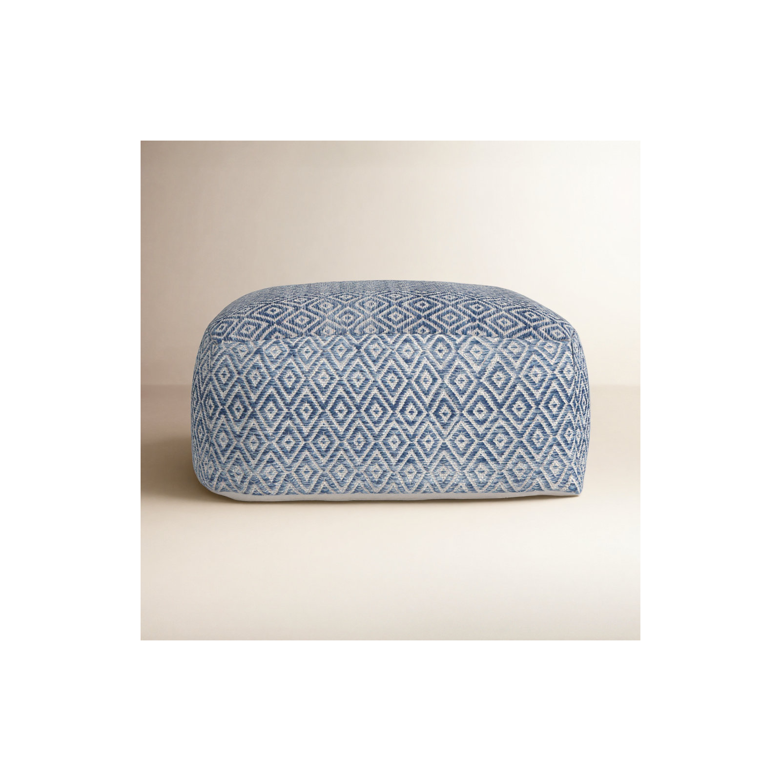 Iyanola 34'' Wide Square Geometric Pouf Ottoman, Beige/Blue