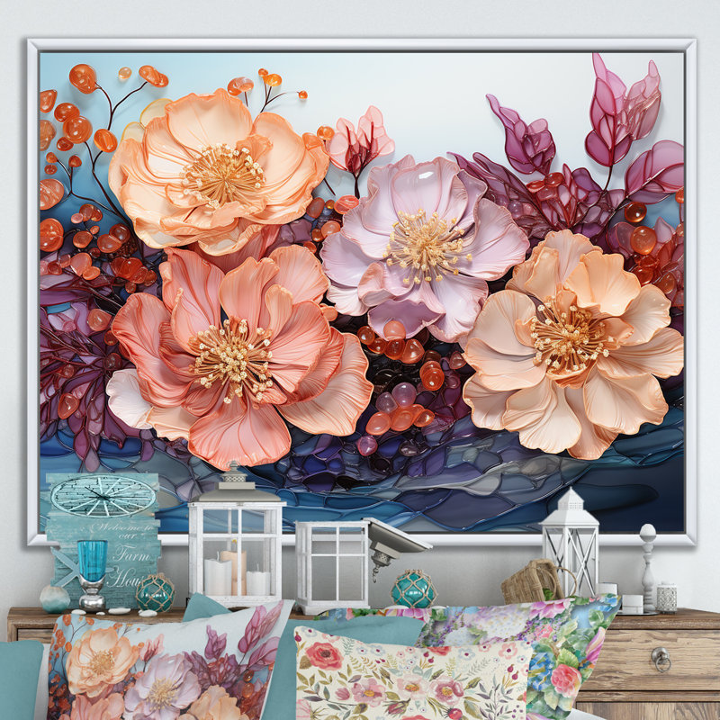 " Peach Hydrangea S Whispers ", White Floater Framed, 16" H x 32" W