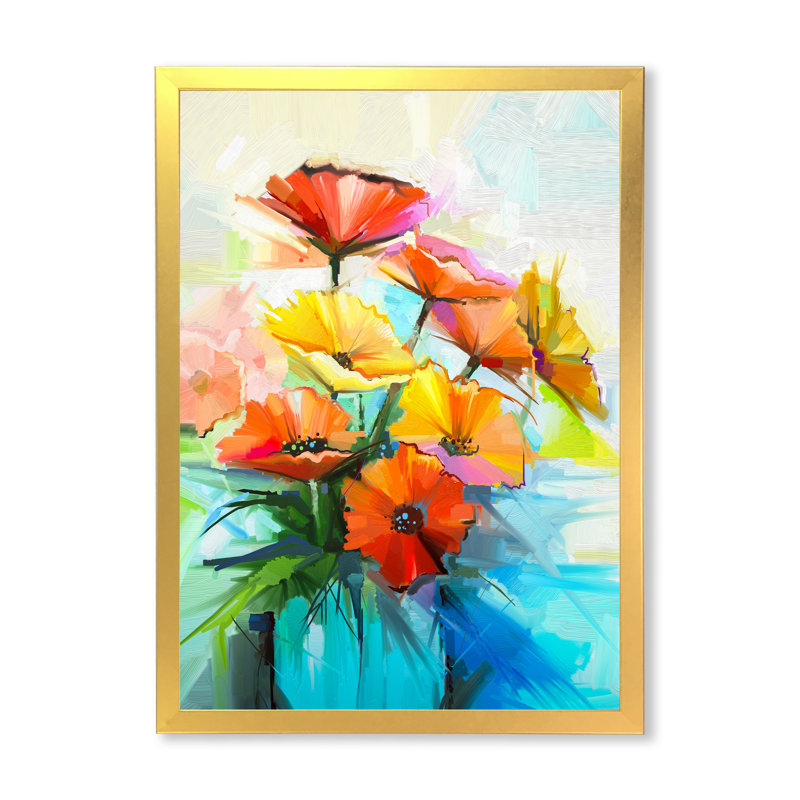 Nature morte à la fleur de gerbera rouge et jaune - Peinture, H 20 po x l 12 po x P 1 po, Cadre photo doré