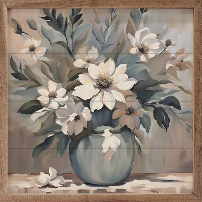 Fleurs bleues et brun clair dans un vase encadré sur bois