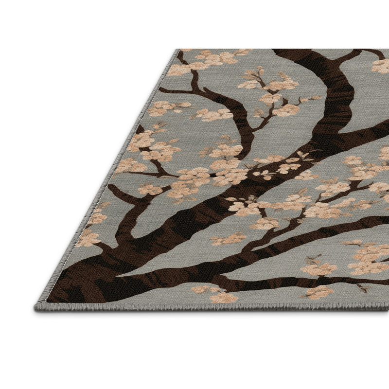 Tapis gris botanique lavable à la machine, Rectangle 8 pi x 12 pi