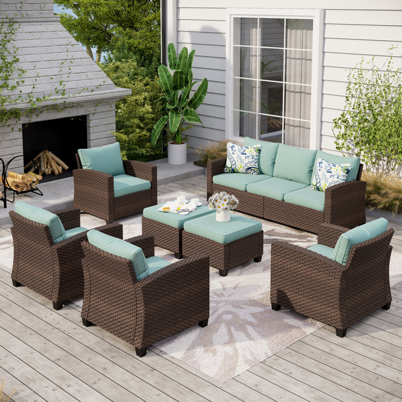 Ensemble de conversation pour patio en osier 9 personnes Salem, Coussin Pro Performance bleu toile, Non
