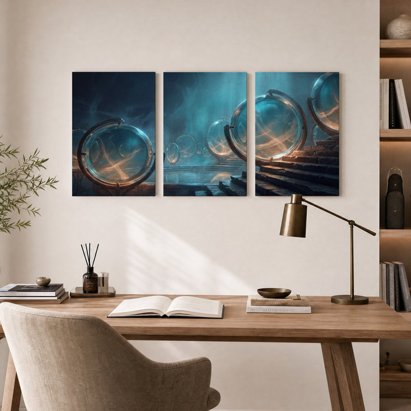 Ensemble de 3 orbes en verre avec lumière tourbillonnante sur marches en pierre, H 18 po x l 12 po x 3 pièces