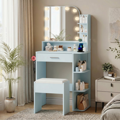 Jaseria Makeup Vanity Set with LED Lighted Mirror & Power Outlet, Vanity Table with 6 Storage Shelves for Bedroom