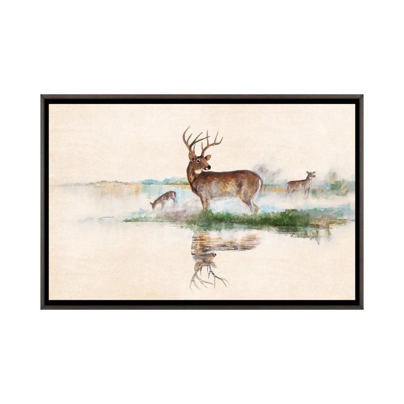 «Misty Deer» par Ruane Manning - reproduction d'art, H 32 po x l 48 po x P 1,5 po, Toile avec cadre gris, Aucun mat