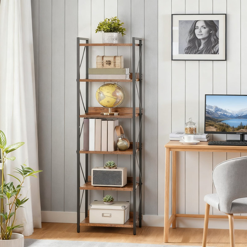 6-Tier Industrial Bookshelf With Metal Frame, Tall Bookcase Storage Organizer For Living Room, Bedroom, Home Office, And Kitchen