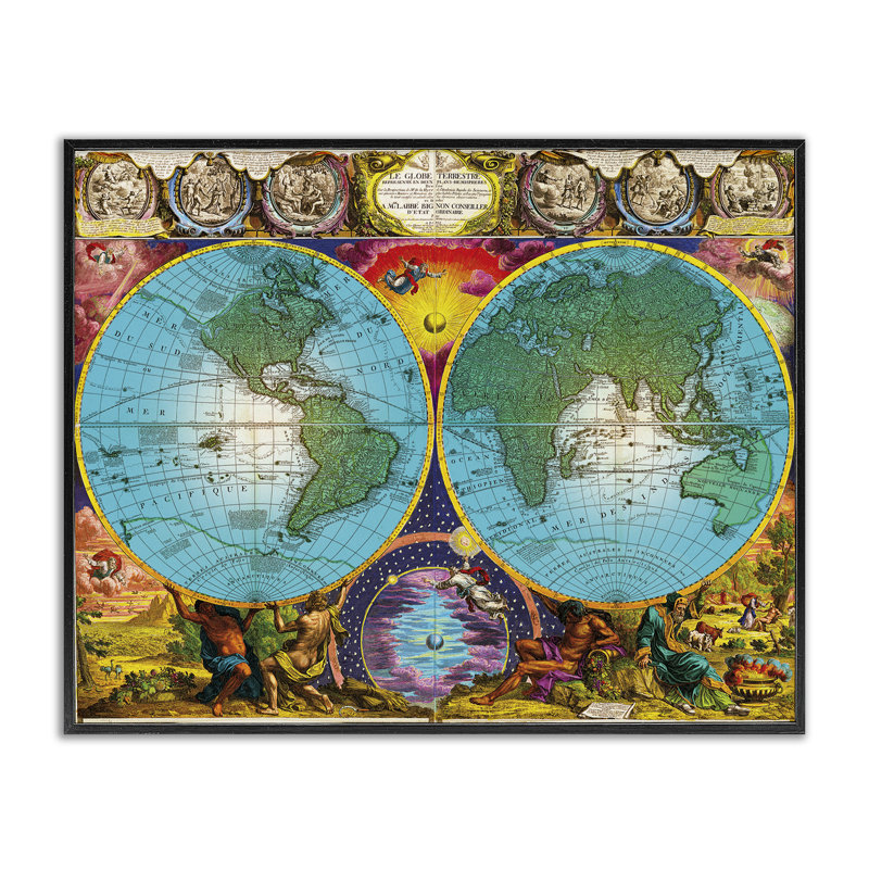 Carte du monde, art de la giclée encadrée par Joseph Burgess, H 11 po x l 14 po, Giclée encadrée noir minuit