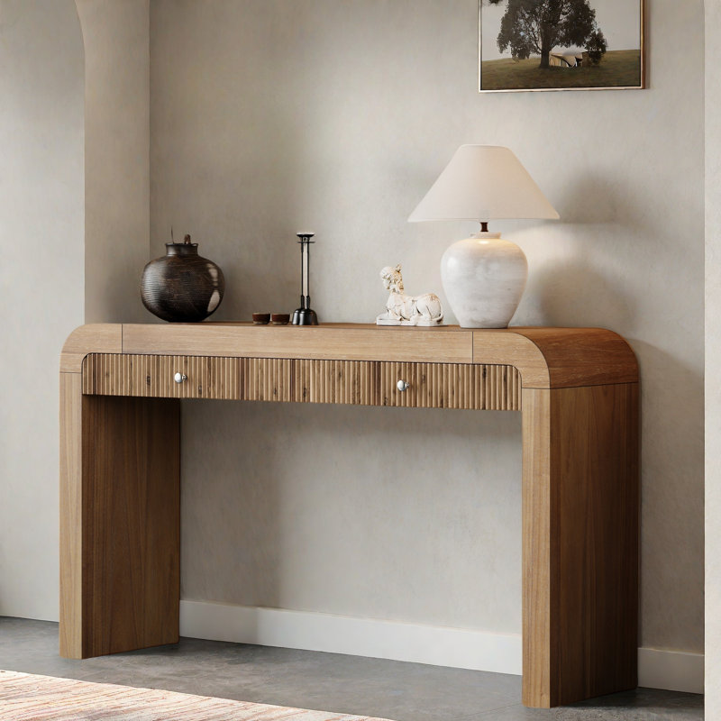 Console rustique avec devant cannelé, 2 tiroirs, coins arrondis et pieds épais, Naturel