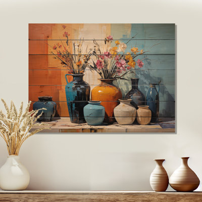 Blue Italian Pottery Expressions - Boho Pottery On Wood Print