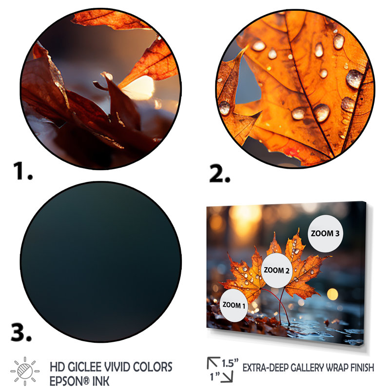 «Orange Autumn Maple Leaves III» - Art mural érable,  H 12 po x l 20 po x P 1 po, Cadre flottant doré