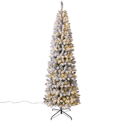 8ft Pre-Lit Snow Flocked Pencil Christmas Tree - 1165 Tips Slim Artificial Xmas Tree with 450 Dual Color LED Lights, Elegant Holiday Decoration for Home, Apartment, Office and Corner Spaces
