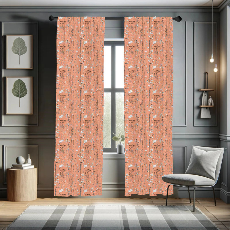 Salmon Floral Print Room-Darkening Polyester Curtain Panels, 28" x 63"