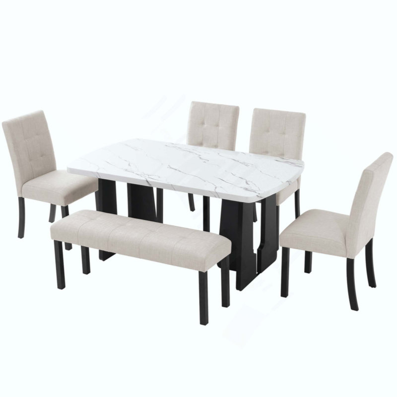 Ensemble de table de salle à manger 6 pièces, table de salle à manger en faux marbre avec pieds géométriques, 4 chaises rembourrées et 1 banc, facile à assembler