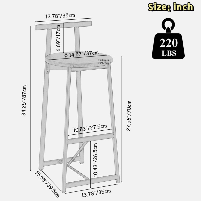 Set Of 3 Bar Stools With Backrest, Footrest And Metal Frame