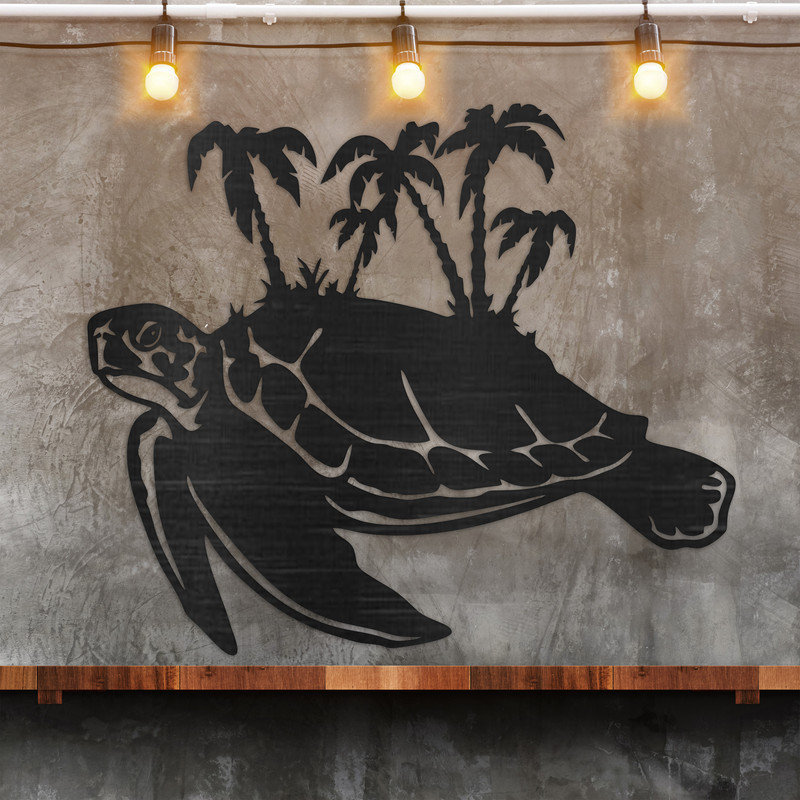 Art mural abstrait de tortues avec palmiers sur le dessus - ACM, H 26,1 po x l 32 po x P 0,25 po, Argent