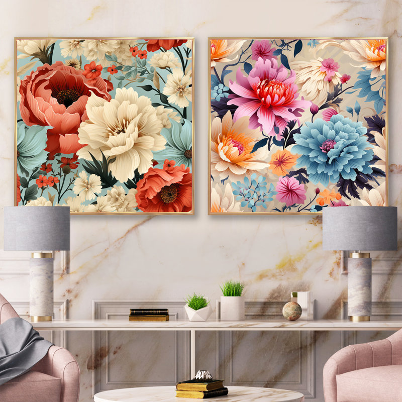 Isamar - ensemble de 2 collages carrés floraux, Cadre flottant doré, H 30 po x l 61 po