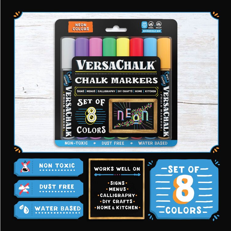 VersaChalk Marqueurs à craie liquide Neon par VersaChalk - Stylos à encre à  craie humide pour enseignes de tableau noir, tableau noir, tableau effaçable  à sec (pointe réversible audacieuse de 5 mm) 