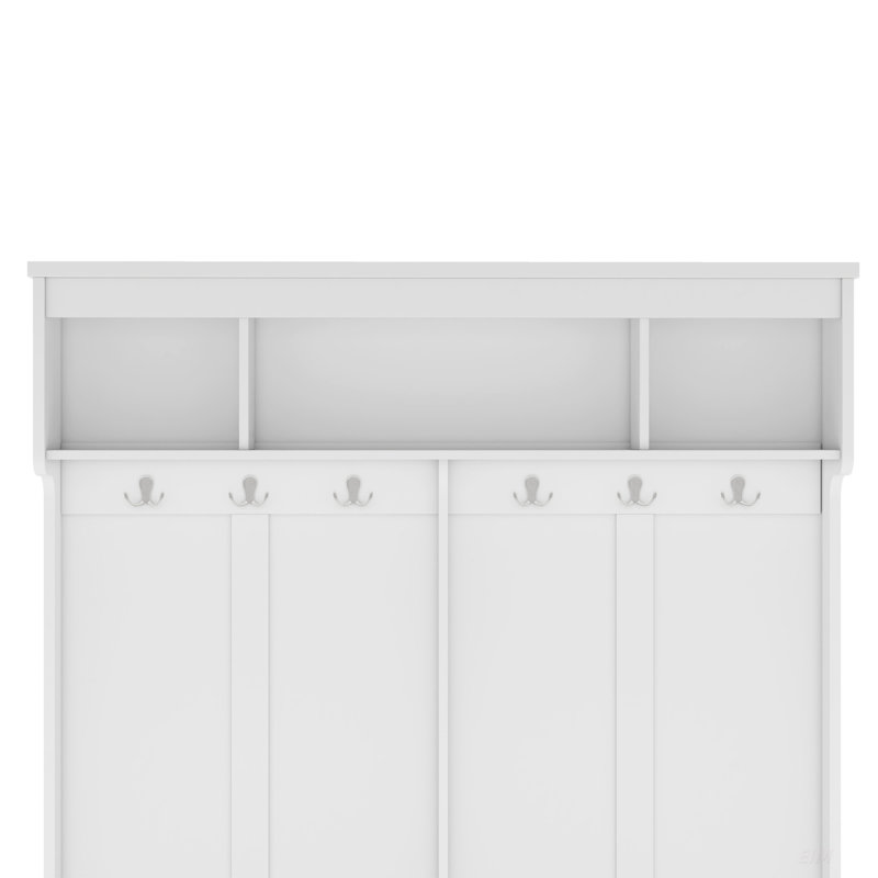 Modern Hall Tree With Metal Hooks, 3 Compartments, Shoe Cubbies And Wide Bench, White