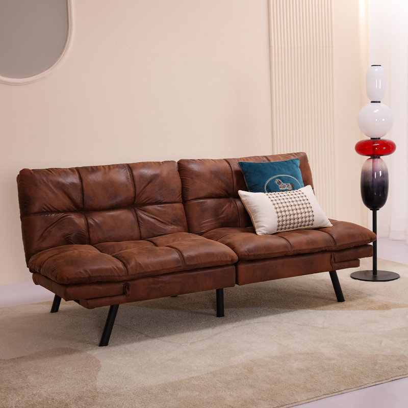 71" Mid Century Modern Leather Convertible Futon Twin Size With Adjustable Arms, Brown 
